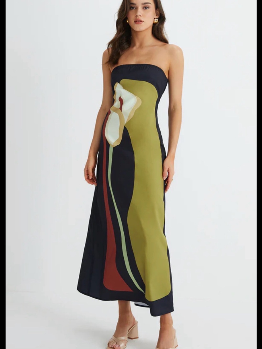Strapless Floral Print Maxi Dress in Olive & Black